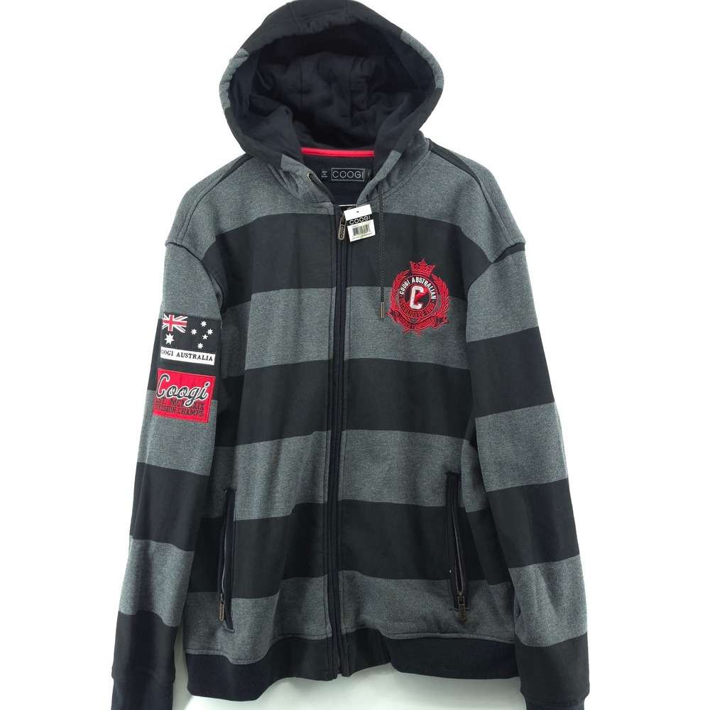 Coogi Mens Full Zip Hoodie Cotton Poly Black Grey Striped XXL Embroidered‎ Patch
